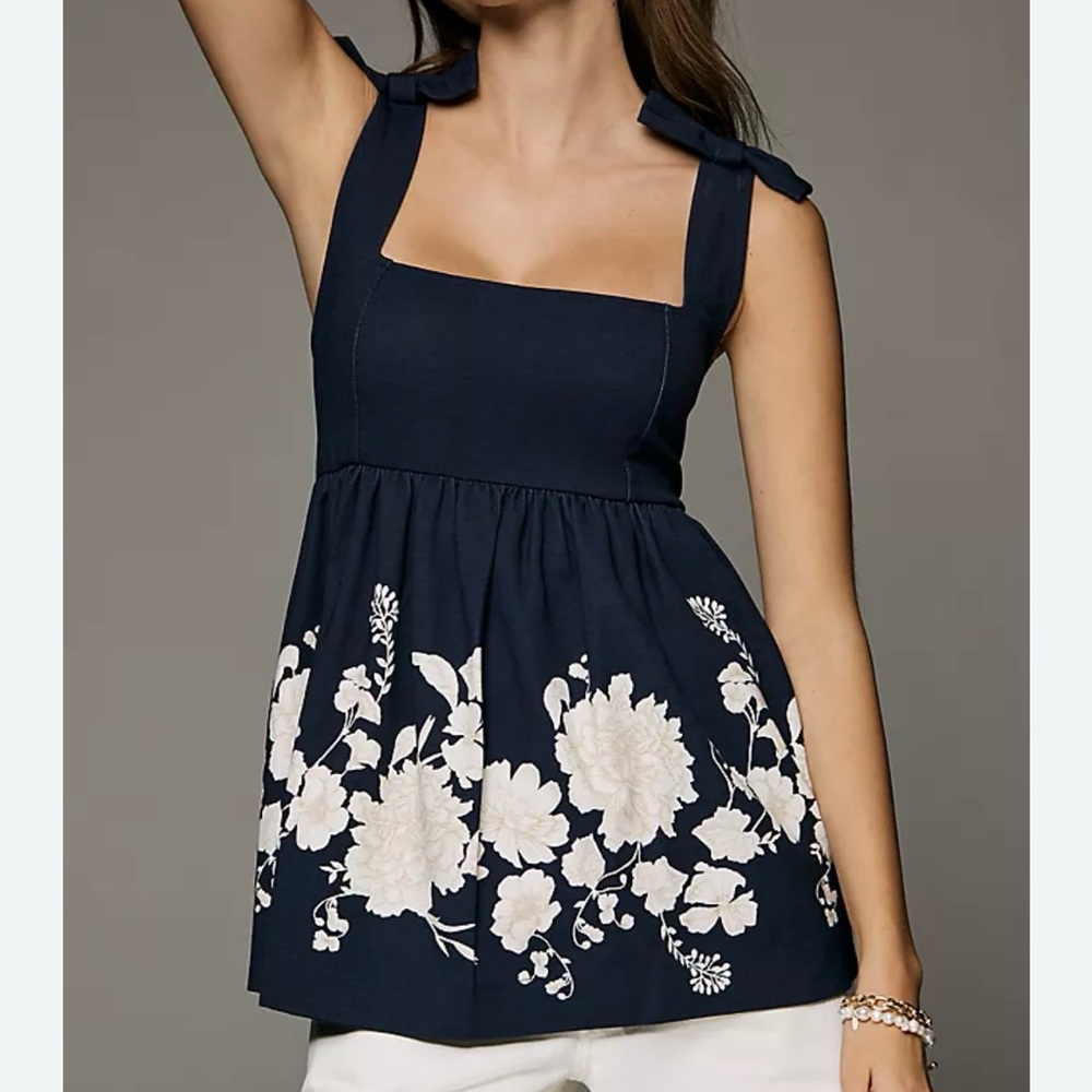 Maeve Navy Top with Cream Floral Embroidery and Bow Straps